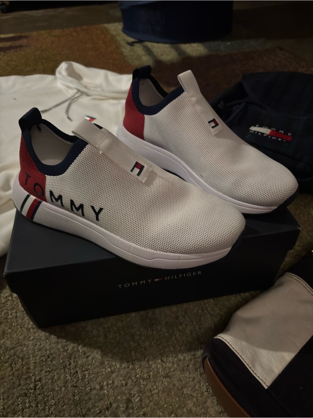BRAND NEW!! Tommy Hilfiger White Slip-On Sneakers with Red & Navy Trim